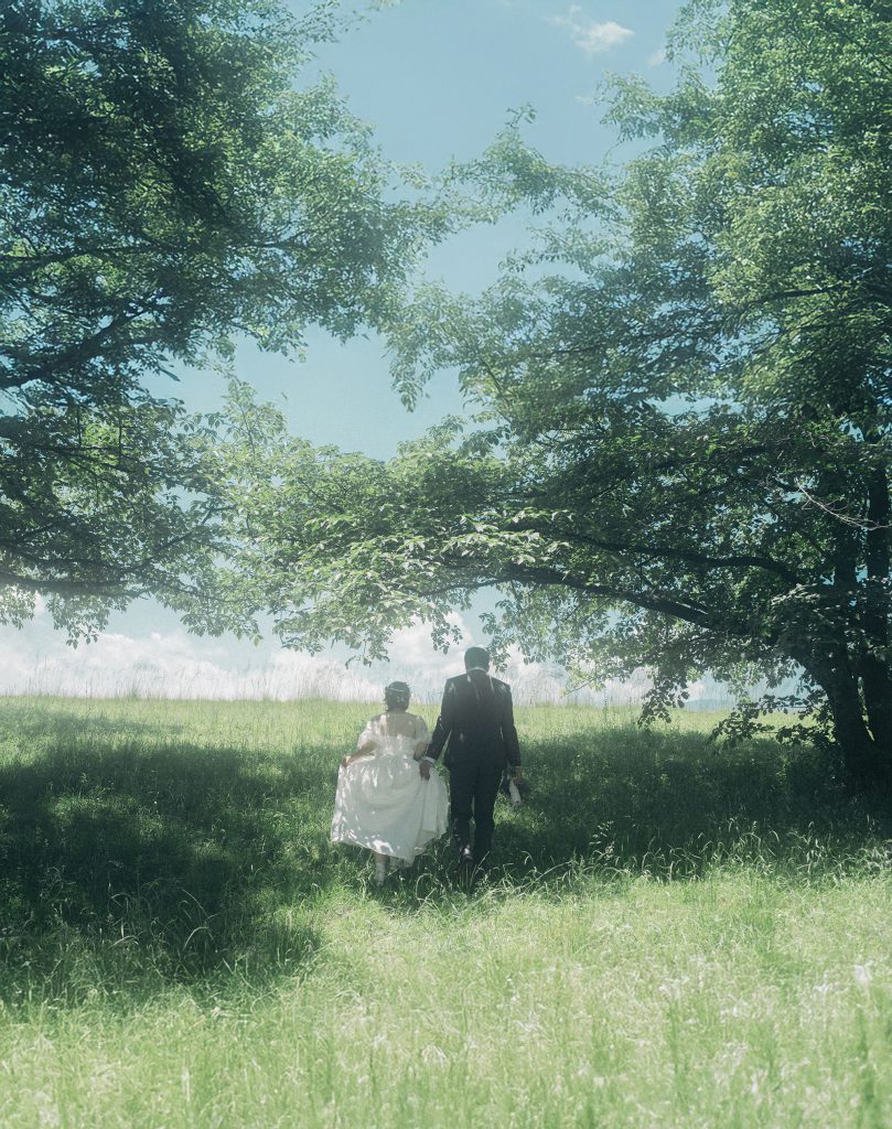 草原を歩く新郎新婦の遠景