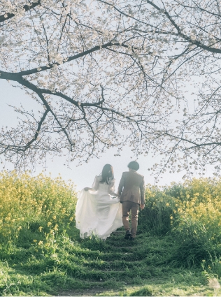 桜の下を歩く新郎新婦の後ろ姿