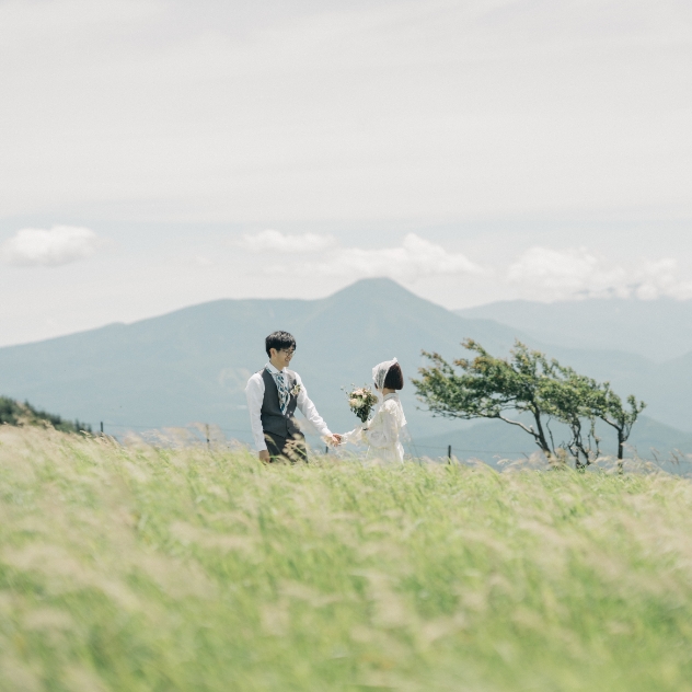 山を背景に草原へ立つ新郎新婦