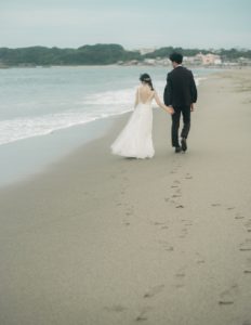 波打ち際を歩く新郎新婦の後ろ姿